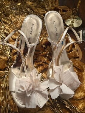 Audrey Brooke Champagne Satin Floral T-Strap Heels